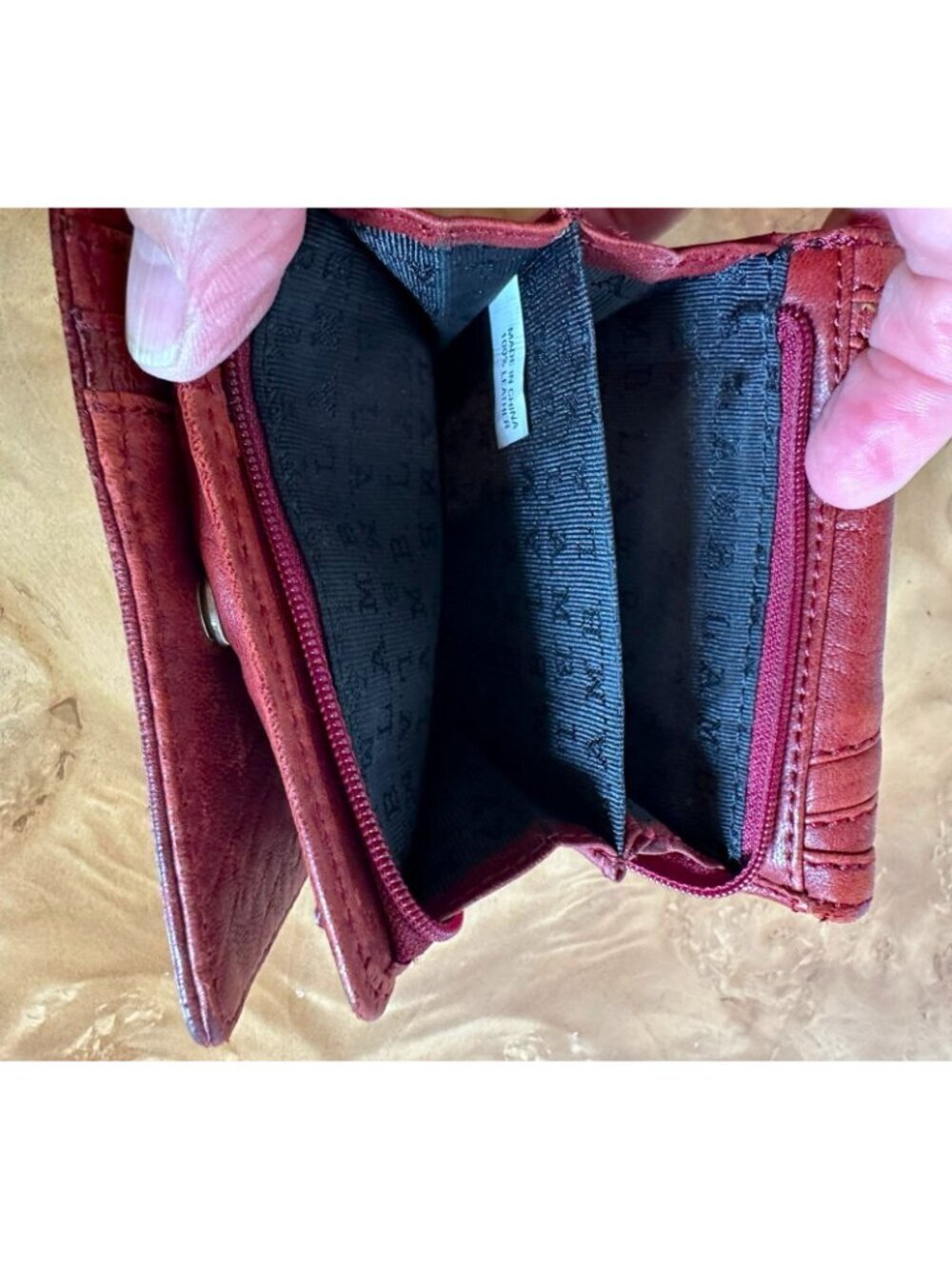 L.A.M.B. by Gwen Stefani Maroon Patchwork Leather Bifold Wallet Zip Coin Purse - Picture 4 of 8